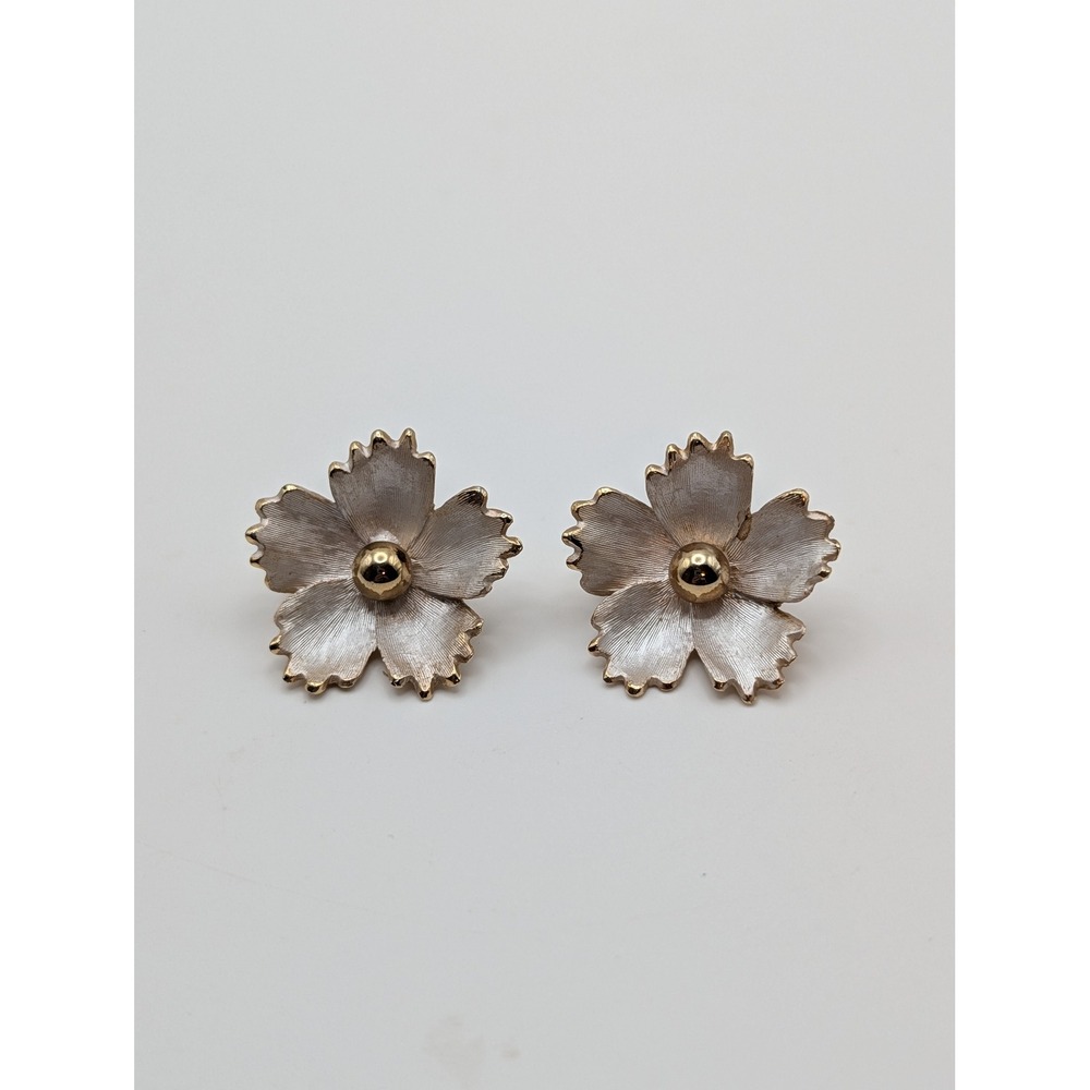 Vintage Flower Clip Earrings Brushed Silver Gold Tone‎ PAT 156098 Coro Era MCM